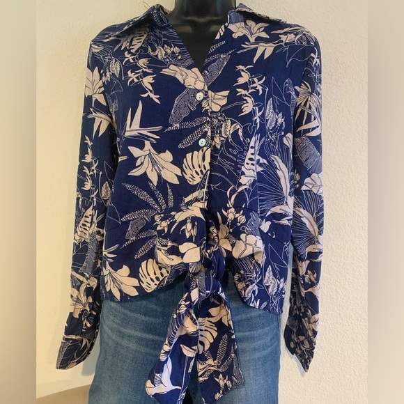 NWT PANAMA JACK Long Sleeve Palm Leaf Tropical Crop Top Linen Blend Size Medium - Picture 9 of 13